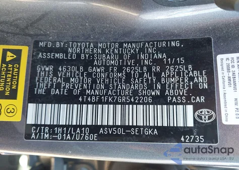 2016 Toyota Camry Xle z USA, uszkodzony, nr VIN 4T4BF1FK7GR542206